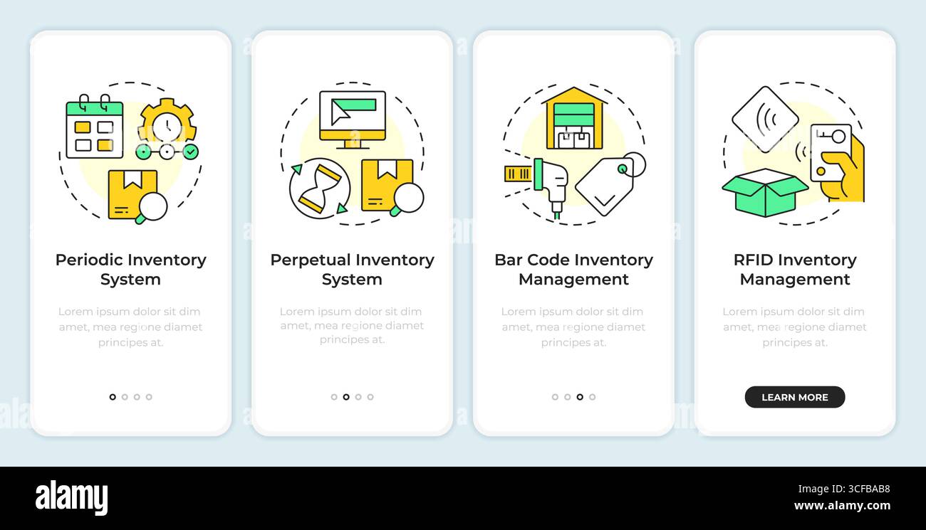 Inventory management systems onboarding mobile app screen Stock Vector