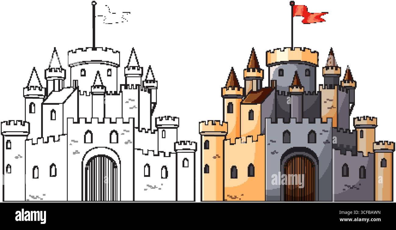 Vector illustration of a large medieval stone castle with multiple ...