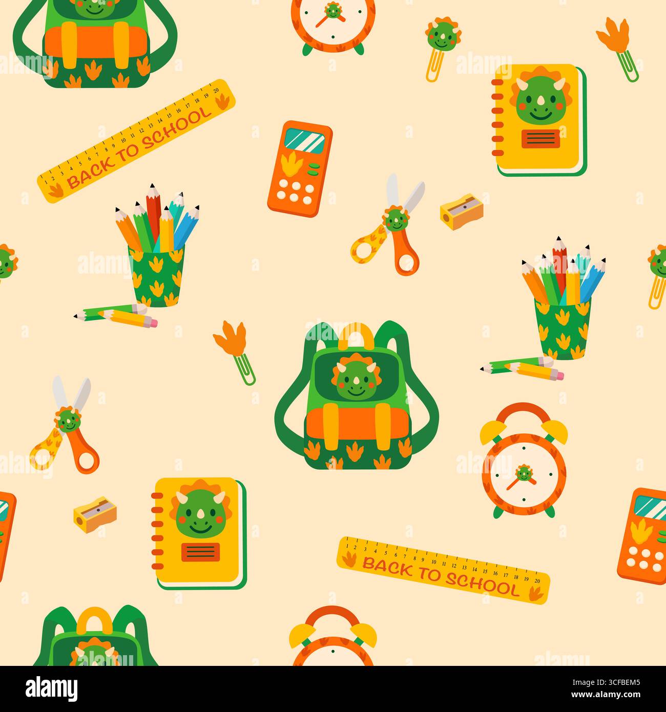 Cute dinosaur school supplies seamless pattern Stock Vector