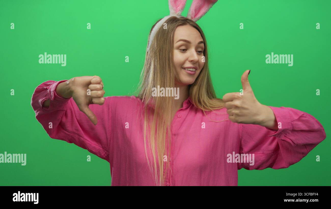 Young woman with rabbit ears in pink shirt giving thumbs up and down against isolated green background, expressing mixed emotions and playfulness in a Stock Photo