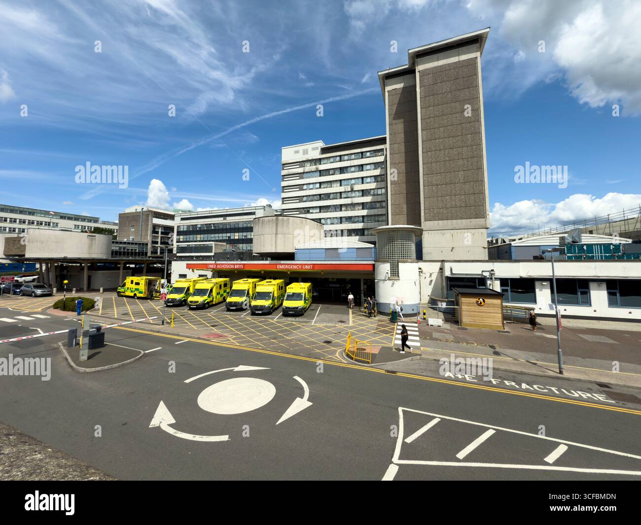 Emergency Unit entrance with ambulances parked outside University Hospital of Wales, Cardiff: Phillip Roberts - Smartphone Captured Stock Image