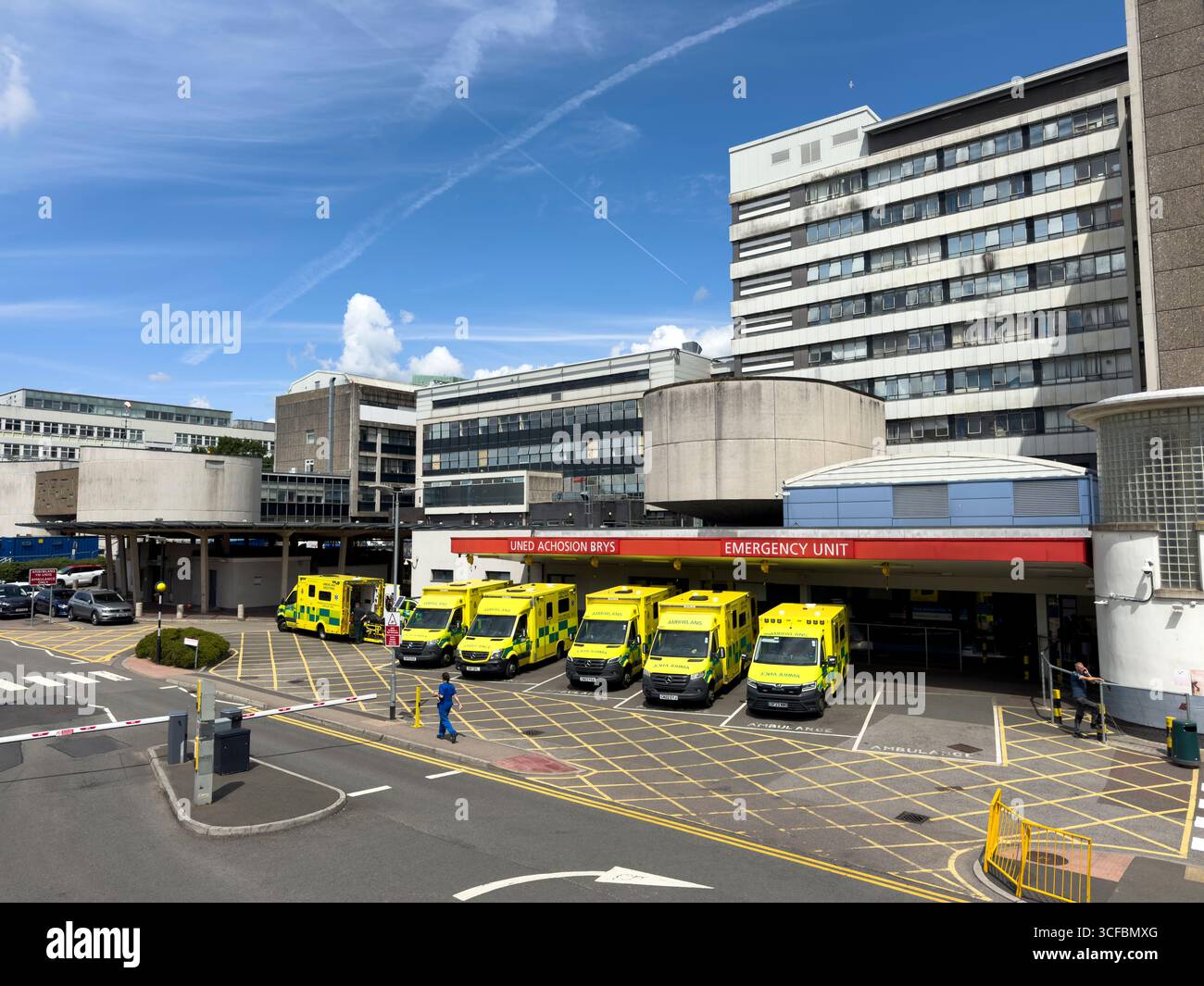 Emergency Unit entrance with ambulances parked outside University Hospital of Wales, Cardiff: Phillip Roberts - Smartphone Captured Stock Image