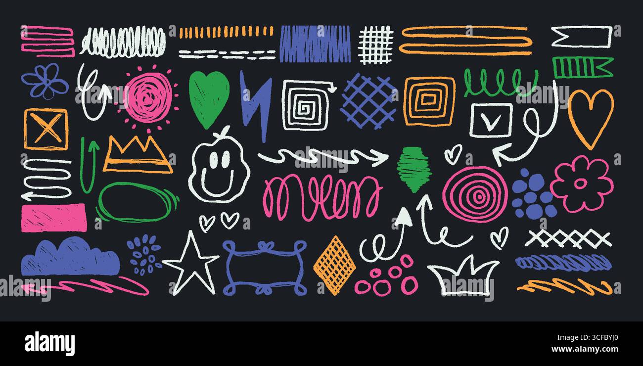 Hand Drawn Colorful Doodle Elements on Dark Background. Set of sketch arrows, hearts, flowers, stars, scribbles, and geometric shapes. Stock Vector