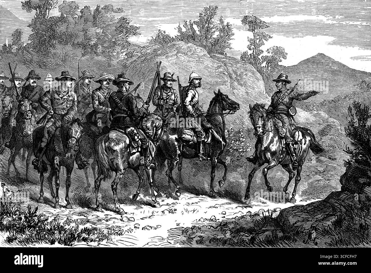 The Basuto War: colonial volunteers reconnoitring - return of the scout, 1881. The British Army in Basutoland, (South Africa). Telegrams from the Cape confirm the news that the Boers in the Transvaal have risen against the British Government and re-established a Republican form of government, after having occupied the town of Heidelberg. Full confirmation has been given to the painful report from the Cape which reached this country on Thursday week. An official telegraphic despatch received at the Colonial Office states that the head-quarters and two hundred and fifty men of the 94th Foot were Stock Photo