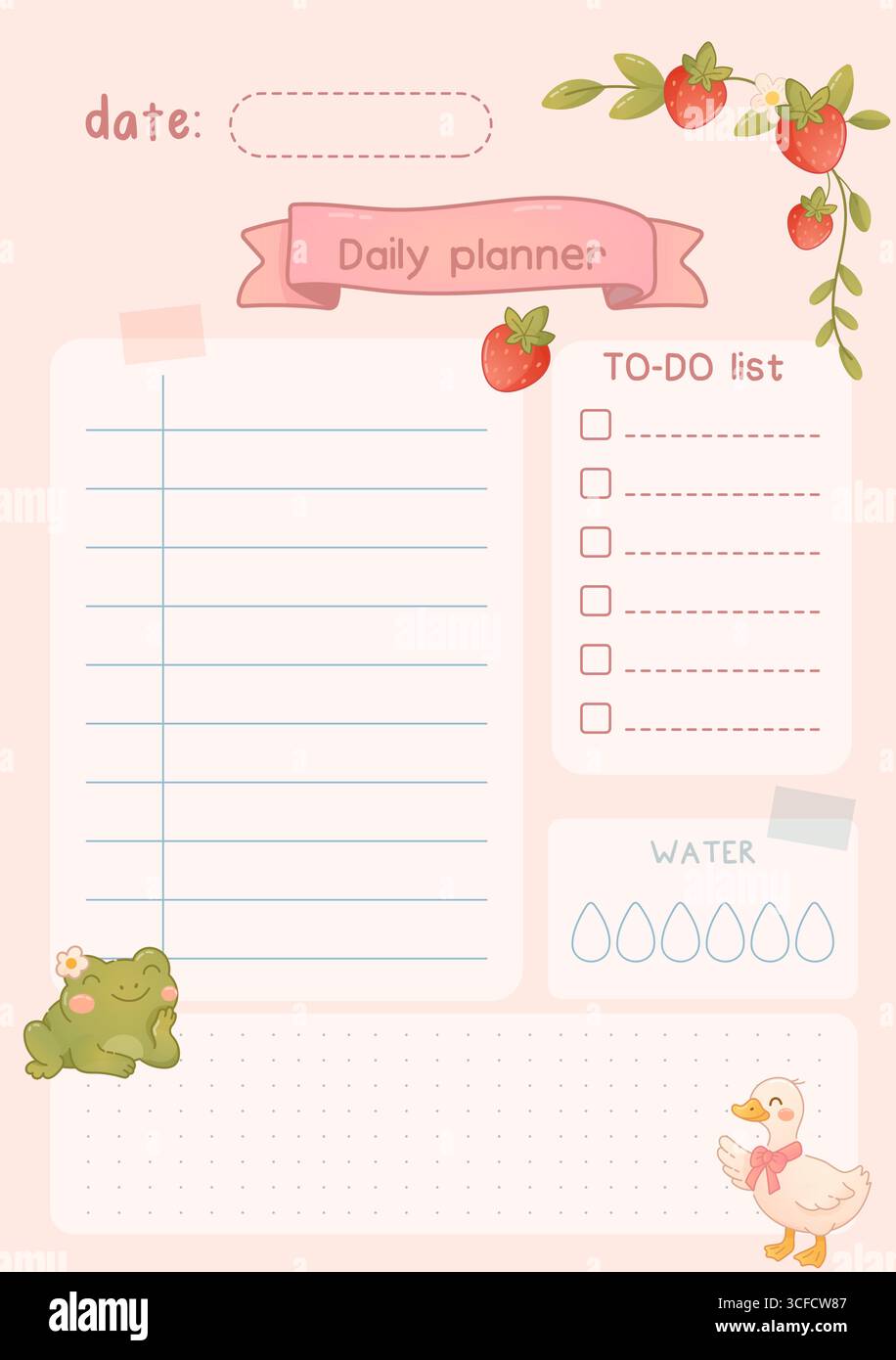 Cute daily planner sheet with sections for notes, to do list, water ...