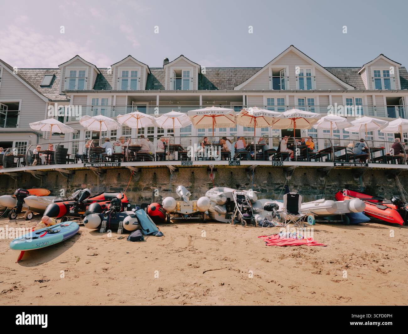 The seafront Hotel and bar at South Sands, Salcombe is a resort town in the South Hams, Kingsbridge Estuary, Devon England. UK Stock Photo