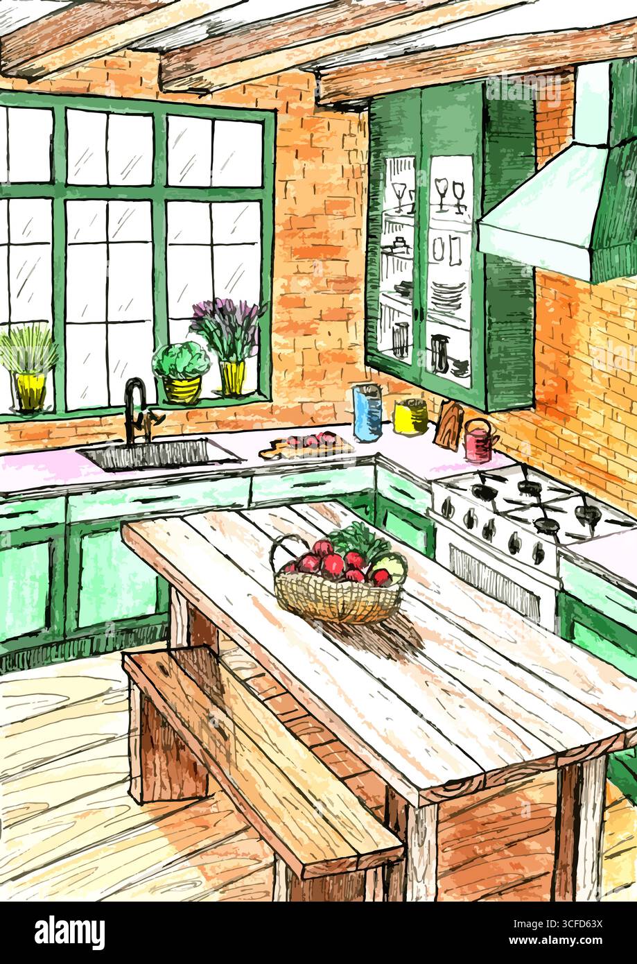 Kitchen window sink vintage Stock Vector Images - Alamy, image size:919x1390