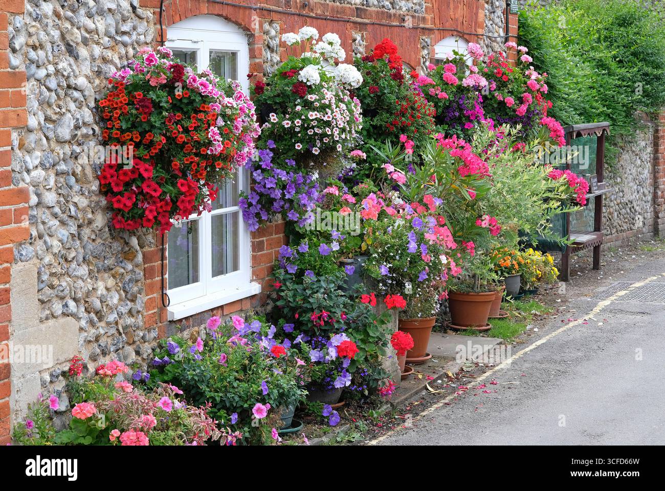 colourful flowering hanging baskets and pot plants, little walsingham, north norfolk, england Stock Photo