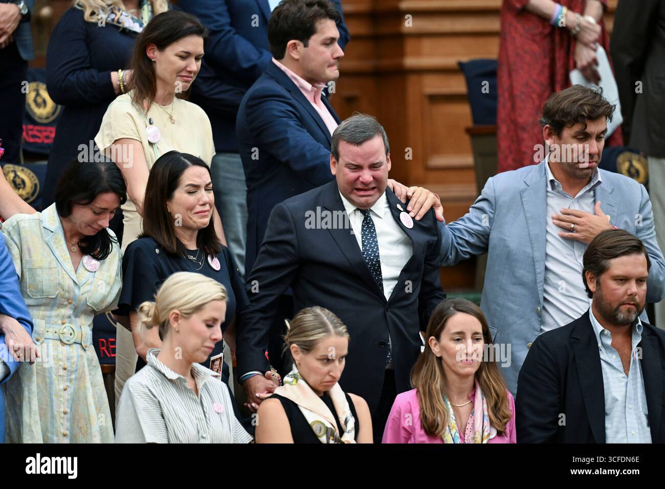 Austin Texas USA, August 21 2025: Grieving parents of Camp Mystic campers killed during the Guadalupe River flooding of July 4, 2025 pack seats in the Texas Senate Chamber to view passage of Senate Bill 1, which strengthens summer camp regulations to help prevent future tragedies. MANDATORY Credit: Bob Daemmrich/Alamy Live News Stock Photo