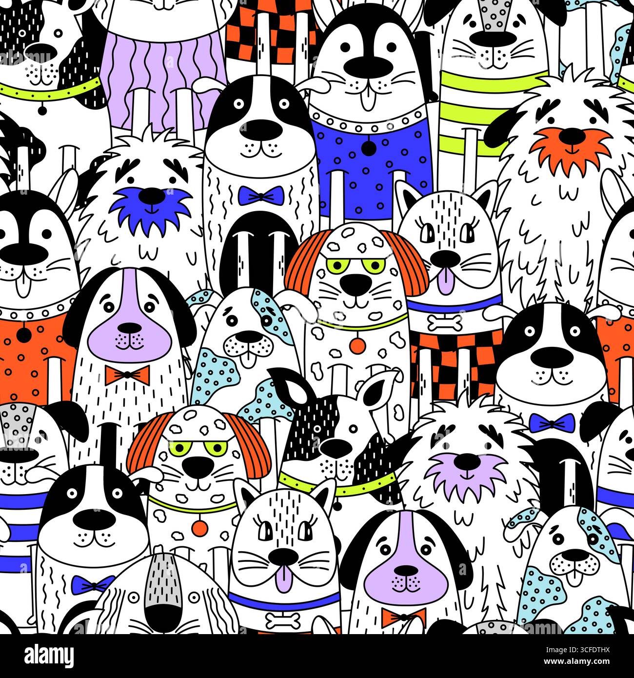 Seamless vector pattern featuring cute dogs in funny sweaters and accessories. Stock Vector