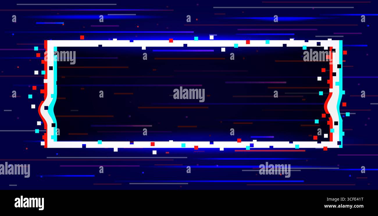 Blue background with glitch effect with frame. Technological error. Cyber dynamic distortion. Abstract rectangular shape. Visual noise screen. Cyber Stock Vector