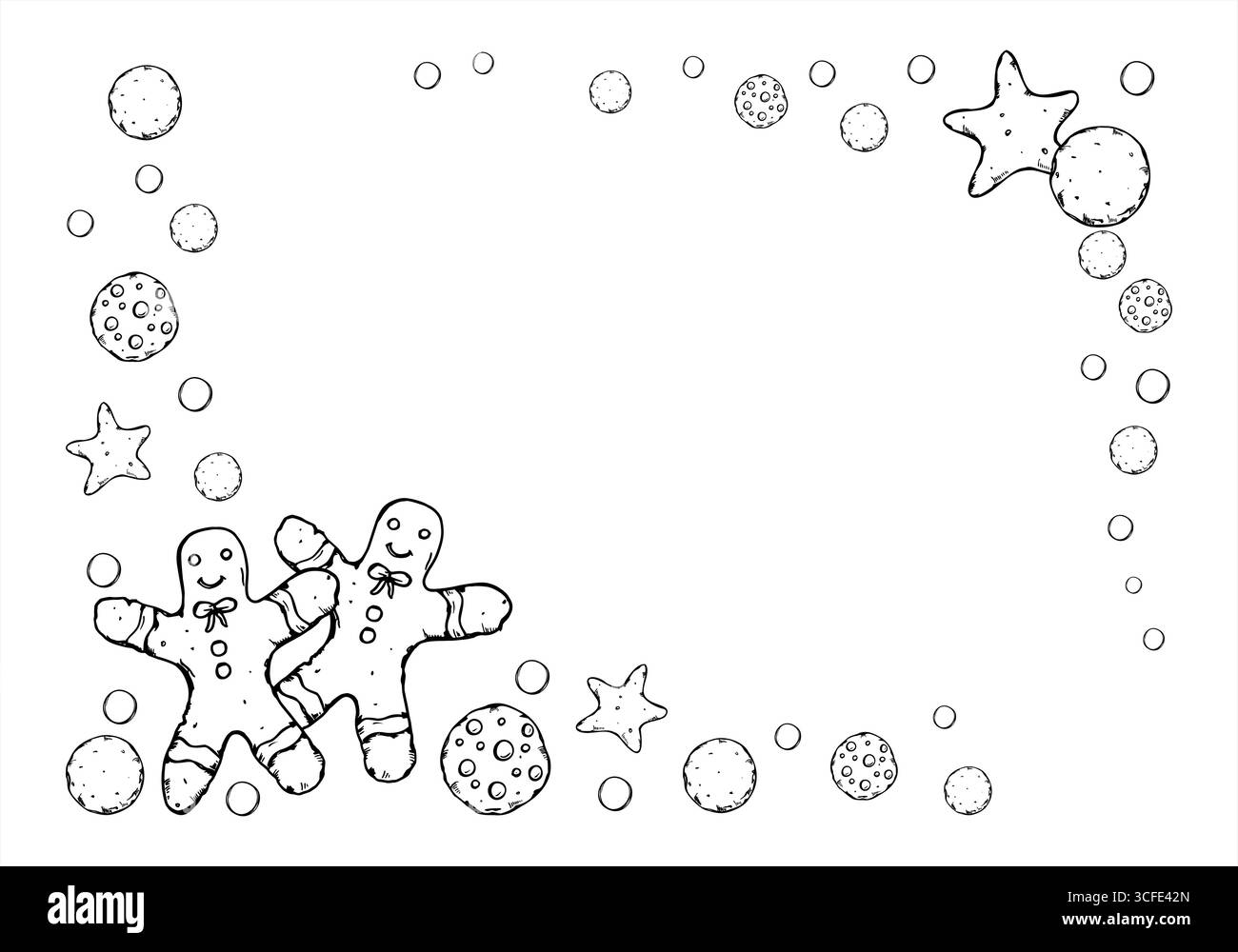 christmas cookies outline vector isolated horizontal border monochrome gingerbread man cookies in star and round shapes etching drawing 3CFE42N cookie border black and white stock photos & images - alamy