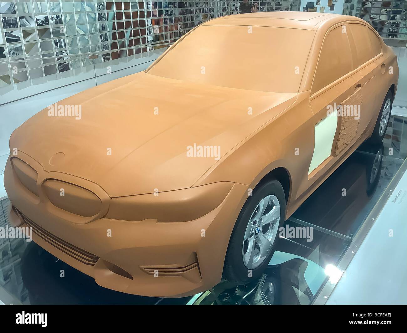 A clay prototype of a car on display at the BMW Museum in Munich, showcasing the automotive design process. Stock Photo