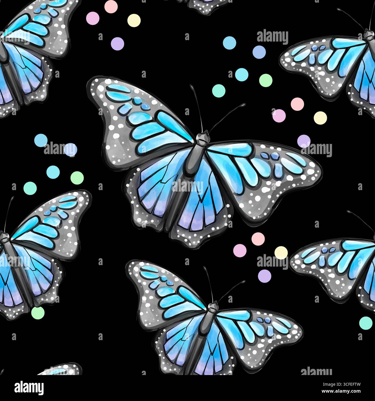 Colorful seamless pattern featuring butterflies and pastel dots against a dark background ideal for wallpaper and fabric design applications Stock Vector