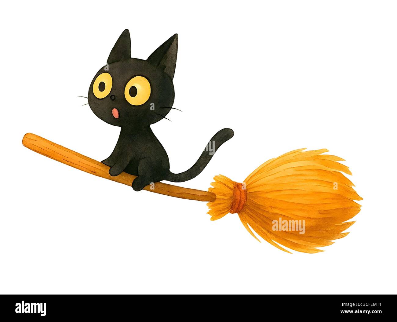 Cute Cat Halloween Illustration - Spooky Kitten with Witch Hat Isolated on White, JPG Stock Photo