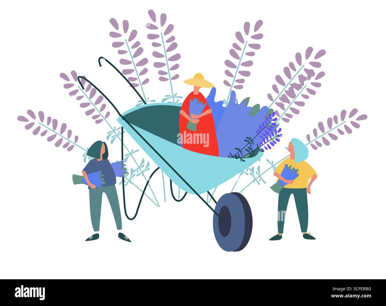 Women picking lavender flowers vector illustration. Harvesting concept. Agritourism concept. Pick-your-own concept. Hand drawn illustration in abstrac Stock Vector