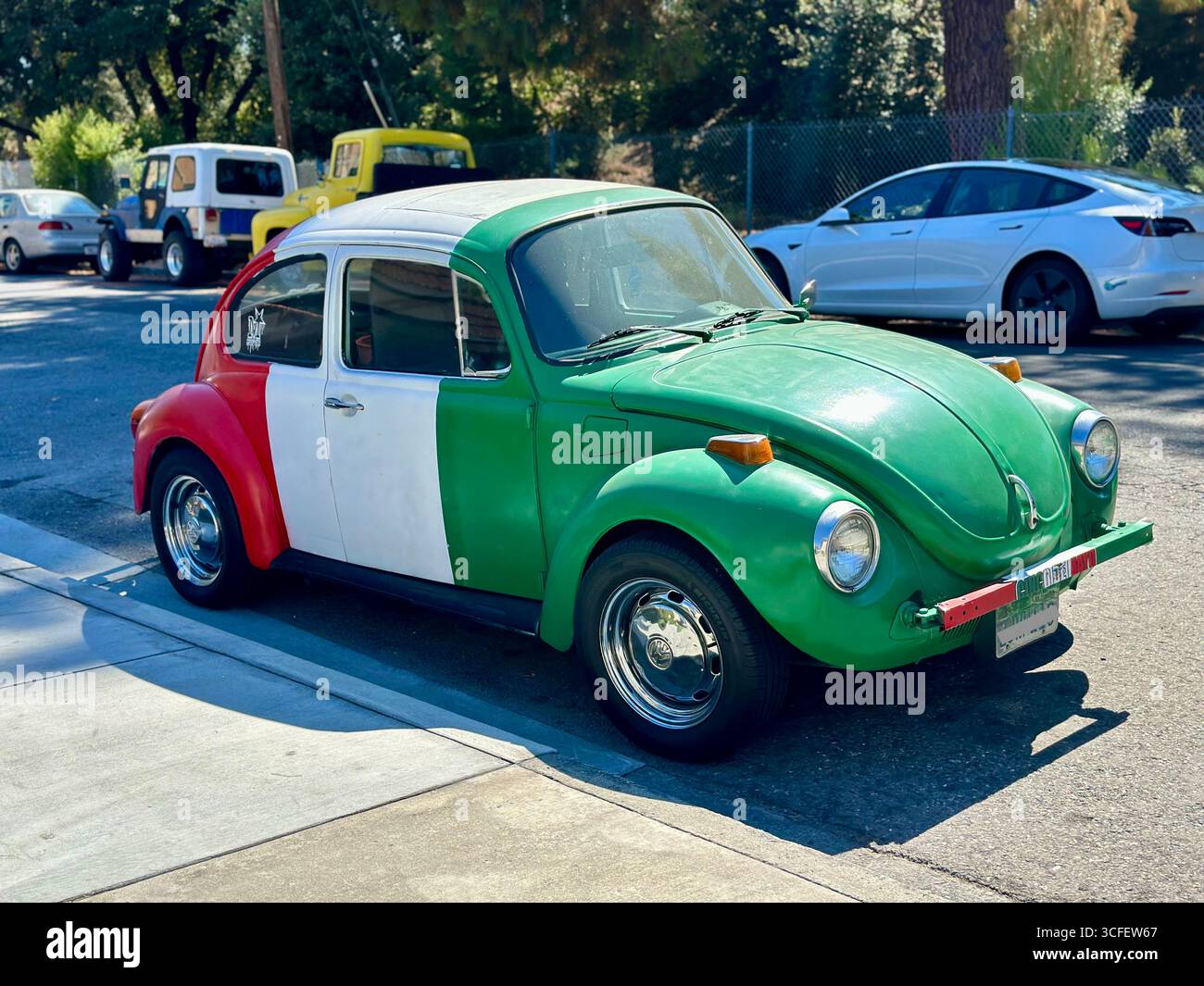 Classic Volkswagen Beetle Painted in Mexican Flag Colors - Smartphone Captured Stock Image