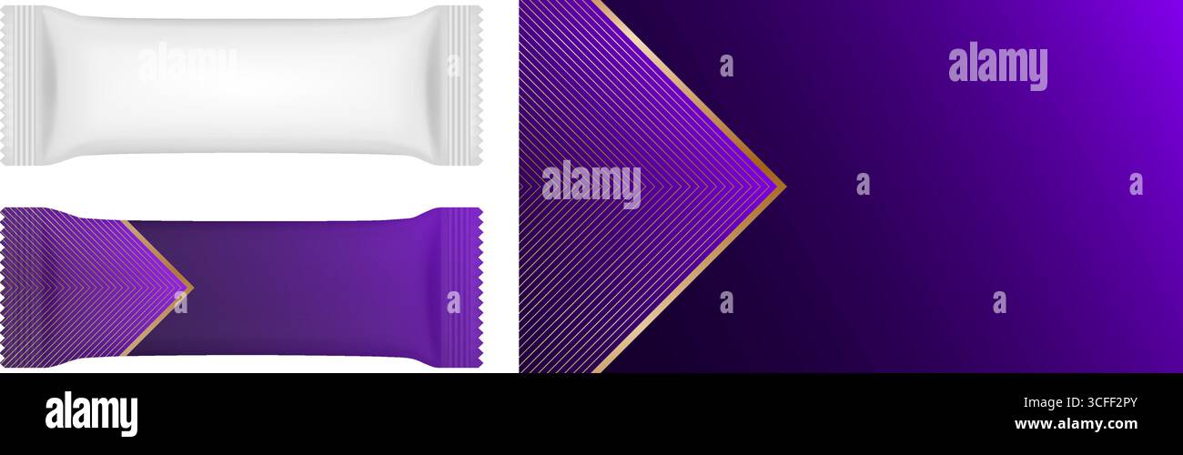 White flow pack or pouch. Purple pattern for packaging design. Candy, cookie or chocolate bar packaging. Stock Vector