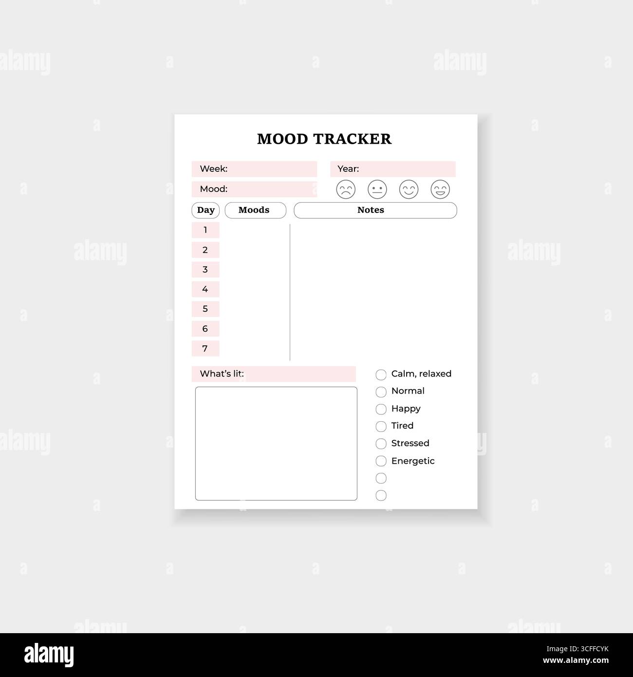 Printable mood tracker template for weekly mood monitoring and notes ...