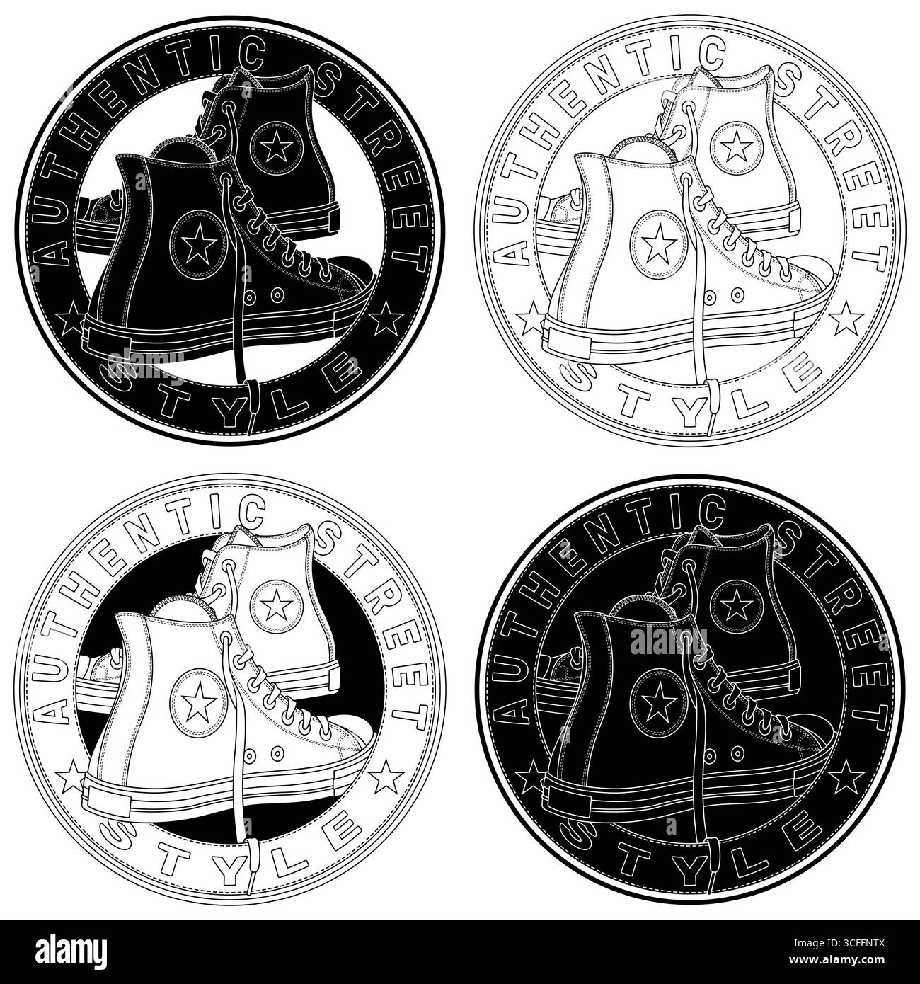 Logo with shoe, Authentic street style, Sport shoe for youth, Circular logo with sport shoe for skaters Stock Vector