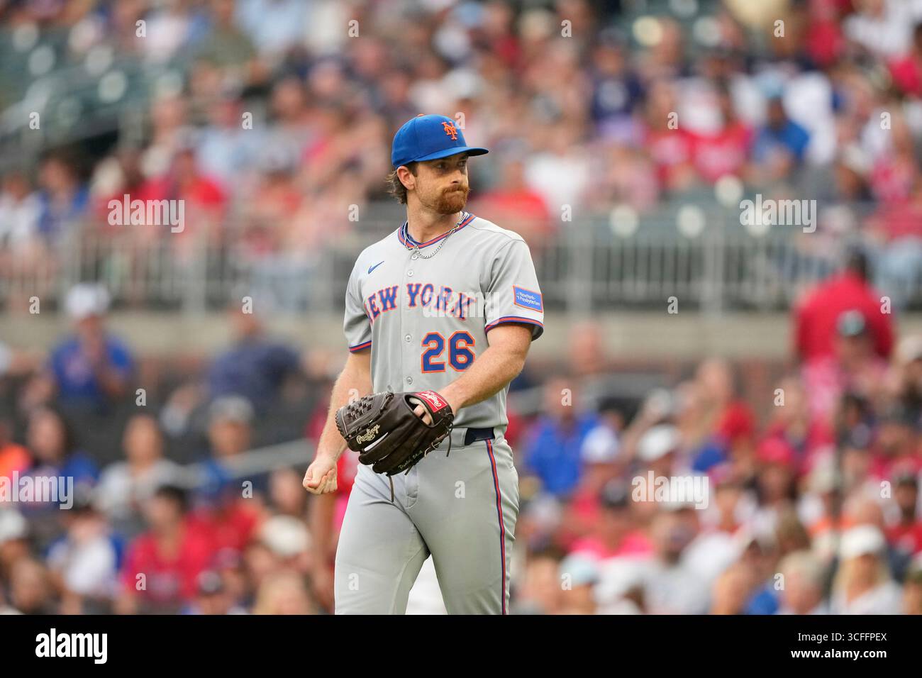 New York Mets pitcher Nolan McLean (26) looks on in the first inning of ...