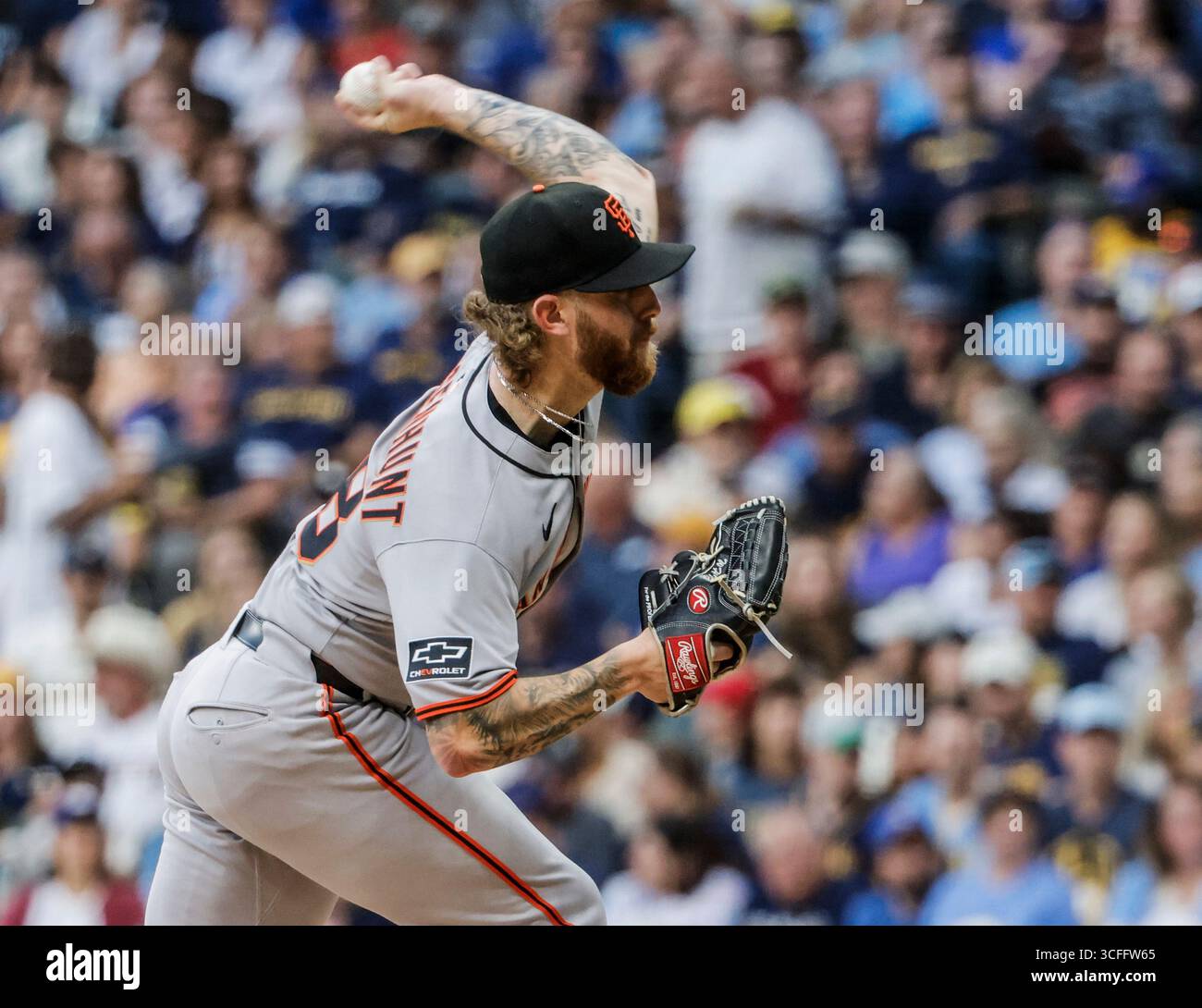 Milwaukee, United States. 22nd Aug, 2025. San Francisco Gants starting pitcher Carson Whisenhunt throws in the first inning of the MLB game between the San Francisco Giants and the Milwaukee Brewers at American Family Filed in Milwaukee, Wisconsin on Friday, August 22, 2025. Photo by Tannen Maury/UPI Credit: UPI/Alamy Live News Stock Photo