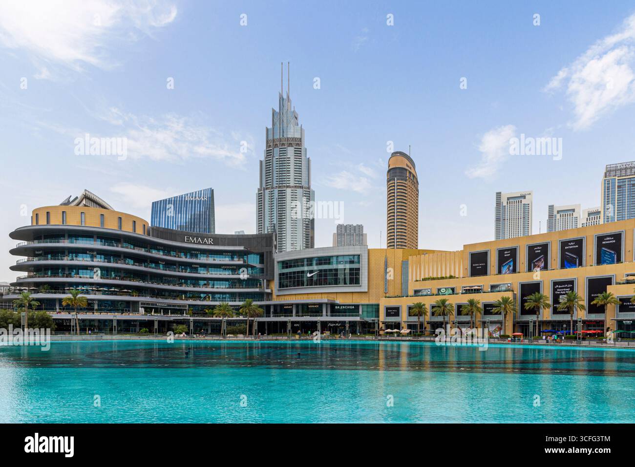 EMAAR Properties Dubai Mall overlooked by EMAAR high rise buildings, Downtown Dubai, Dubai, UAE Stock Photo