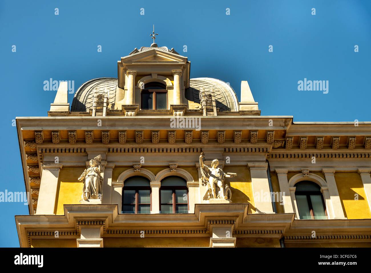 Eclectic Neo-Renaissance details of the Main Post Office in Trieste, Italy. Stock Photo