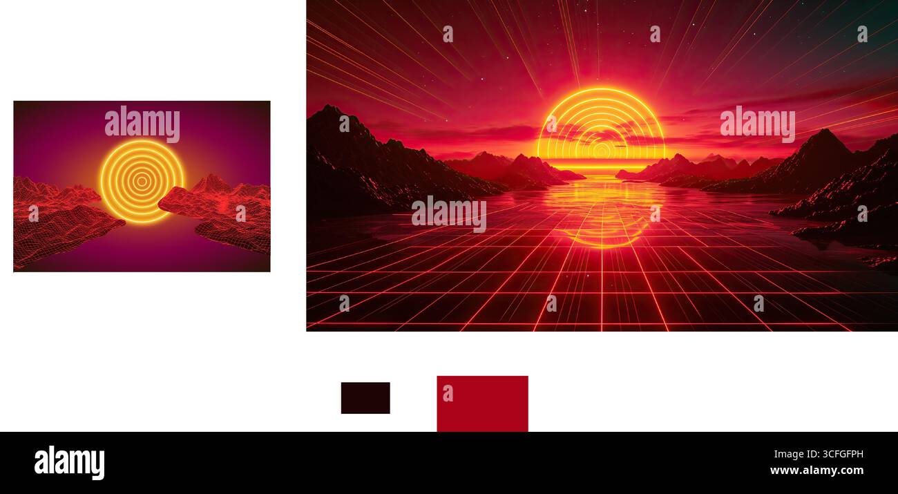 Retro futuristic 80s synthwave landscape with glowing neon grid ...