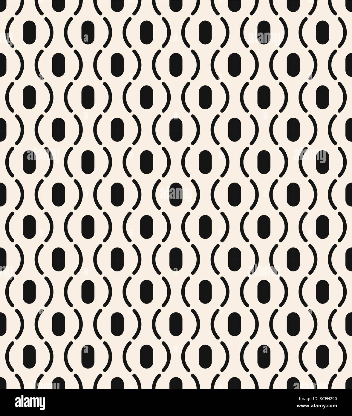 Seamless thin line wavy pattern. Black line pigtails with ovals seamless pattern on beige background. White modern vintage pattern. Vector illustratio Stock Vector