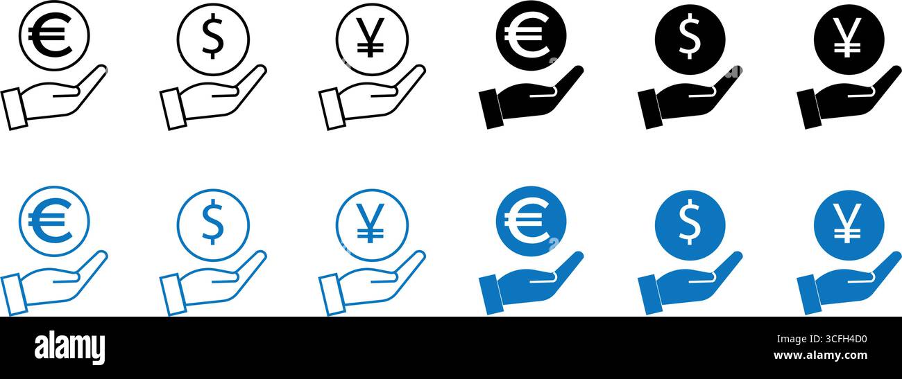 Han holding web money icons pack in checkerboard background. Internet currency signs set for applications. Stock Vector