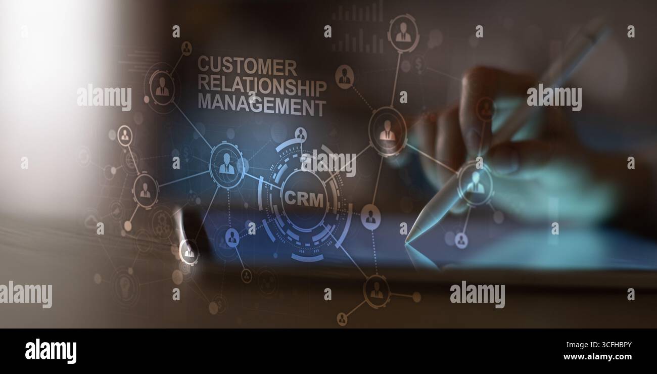 Customer Relationship Management System Visualization with Network Connections and Data Analytics. Stock Photo