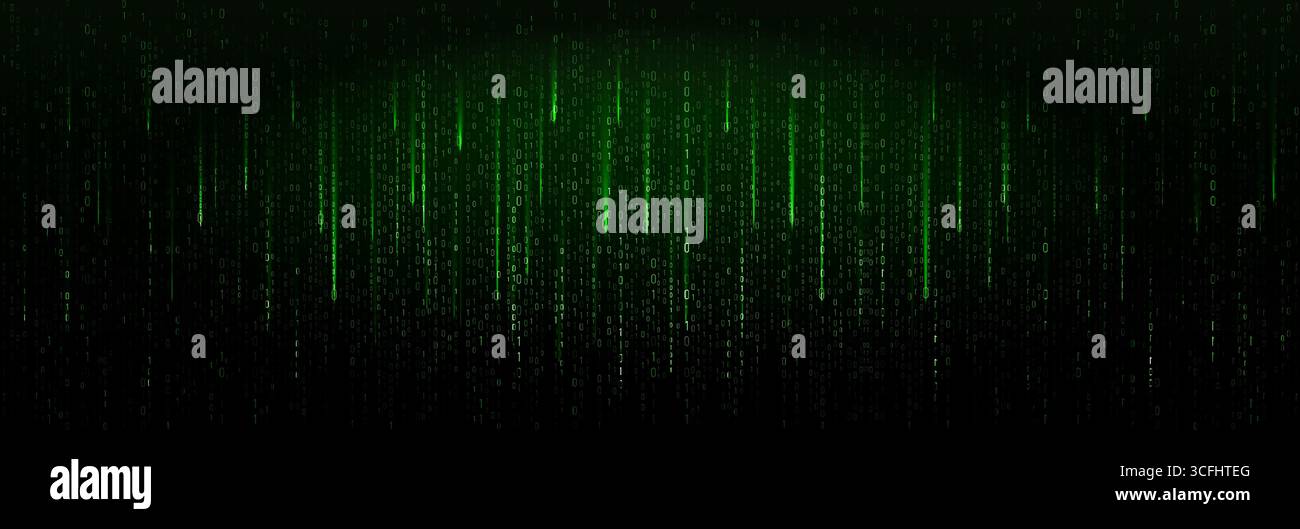 Green Binary Code Falling Digital Rain On Black Background. Futuristic Cyber Matrix Style Concept For Technology, Hacking, And Programming Themes Stock Vector