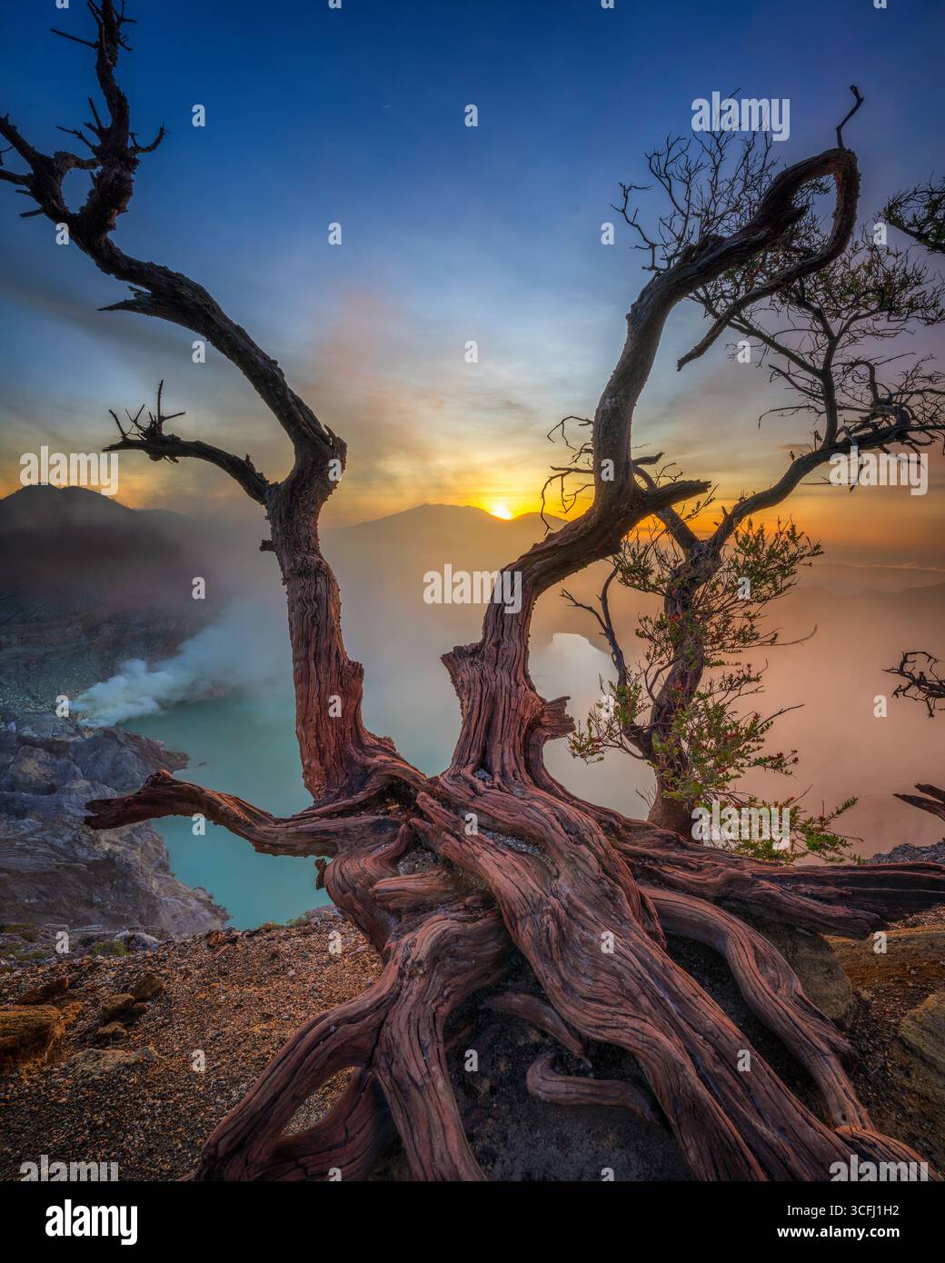 The turquoise lake of Kawah Ijen in East Java, Indonesia, is a breathtaking natural wonder that showcases the region's stunning beauty. Stock Photo
