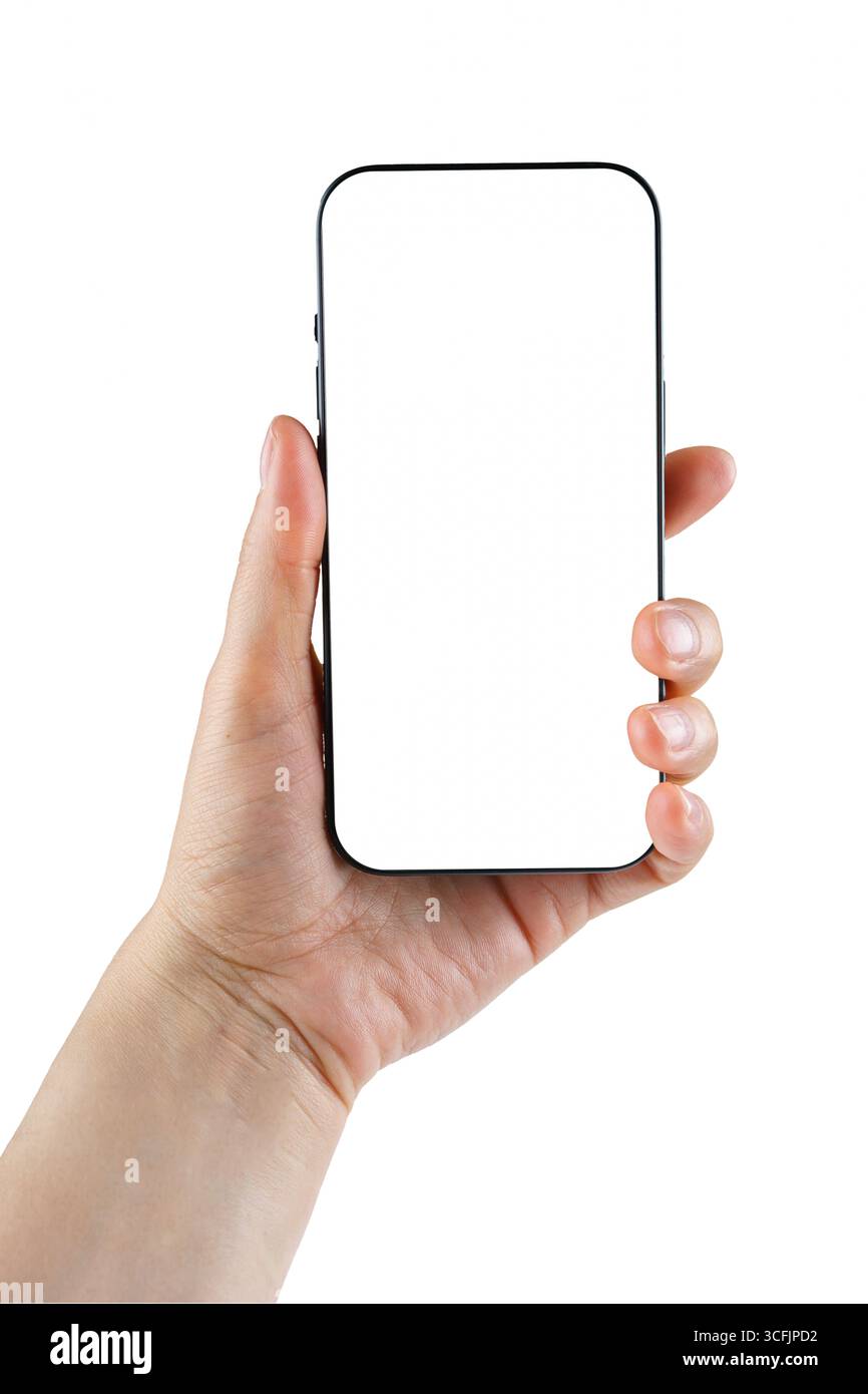 Close up of human hand holding modern smartphone with blank white ...