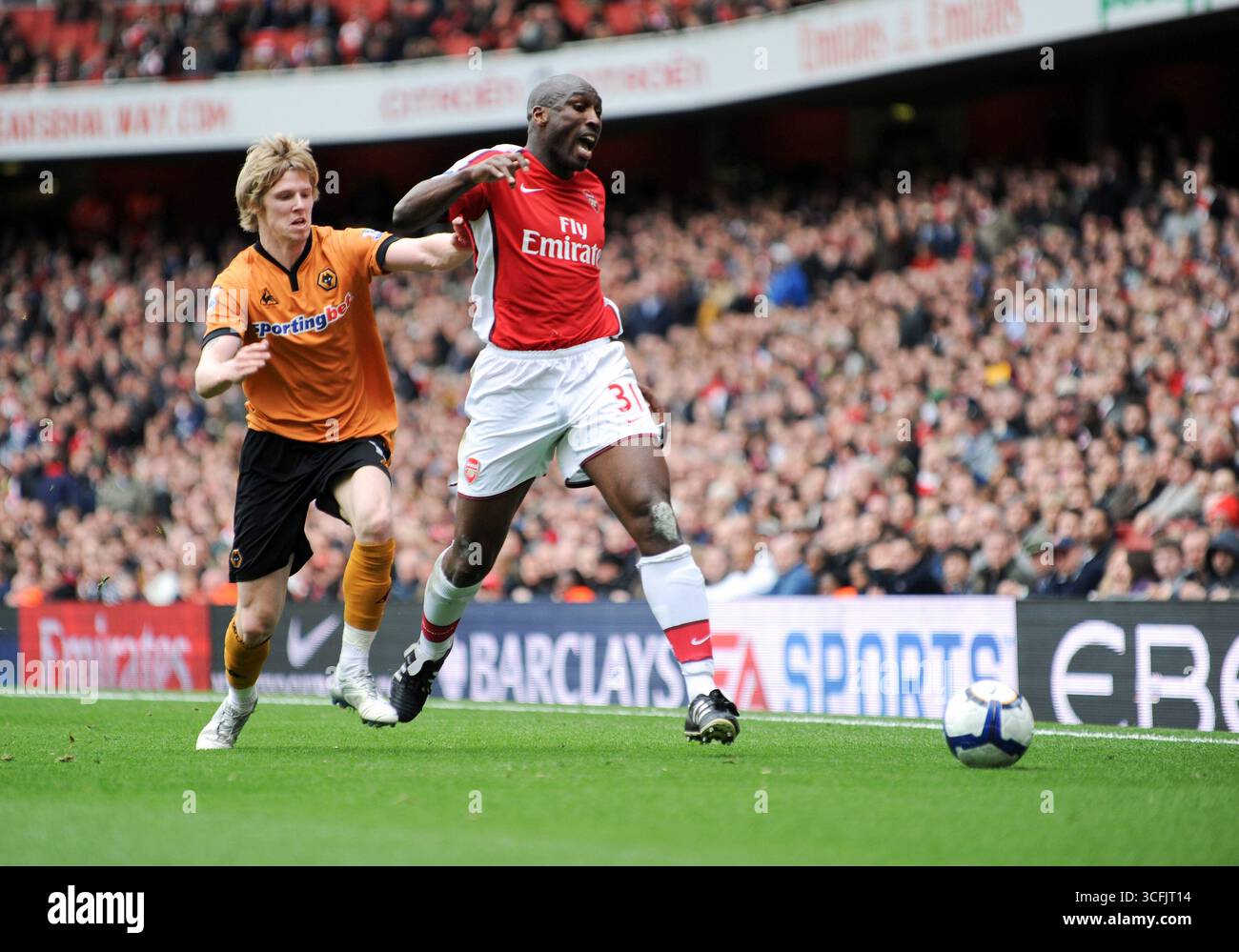 Sol Campbell of Arsenal and Andy Keogh of Wolverhampton Wanderers.  Emirates Stadium Apirl 2010 Stock Photo
