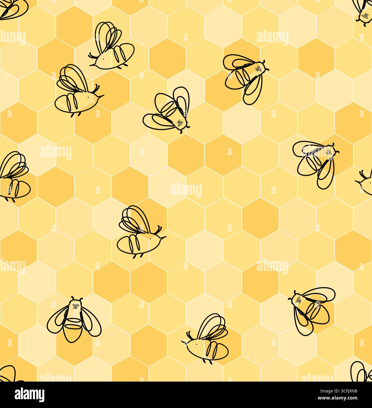 Linear cartoon honey bees on honeycombs seamless pattern. Vector background illustration. Stock Vector