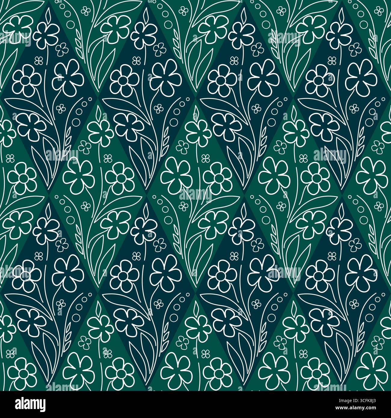 Wild flower seamless pattern in ethnic style. Blue and green floral rhombuses tile. White flowers on dark background. Vector design for wallpaper, hom Stock Vector