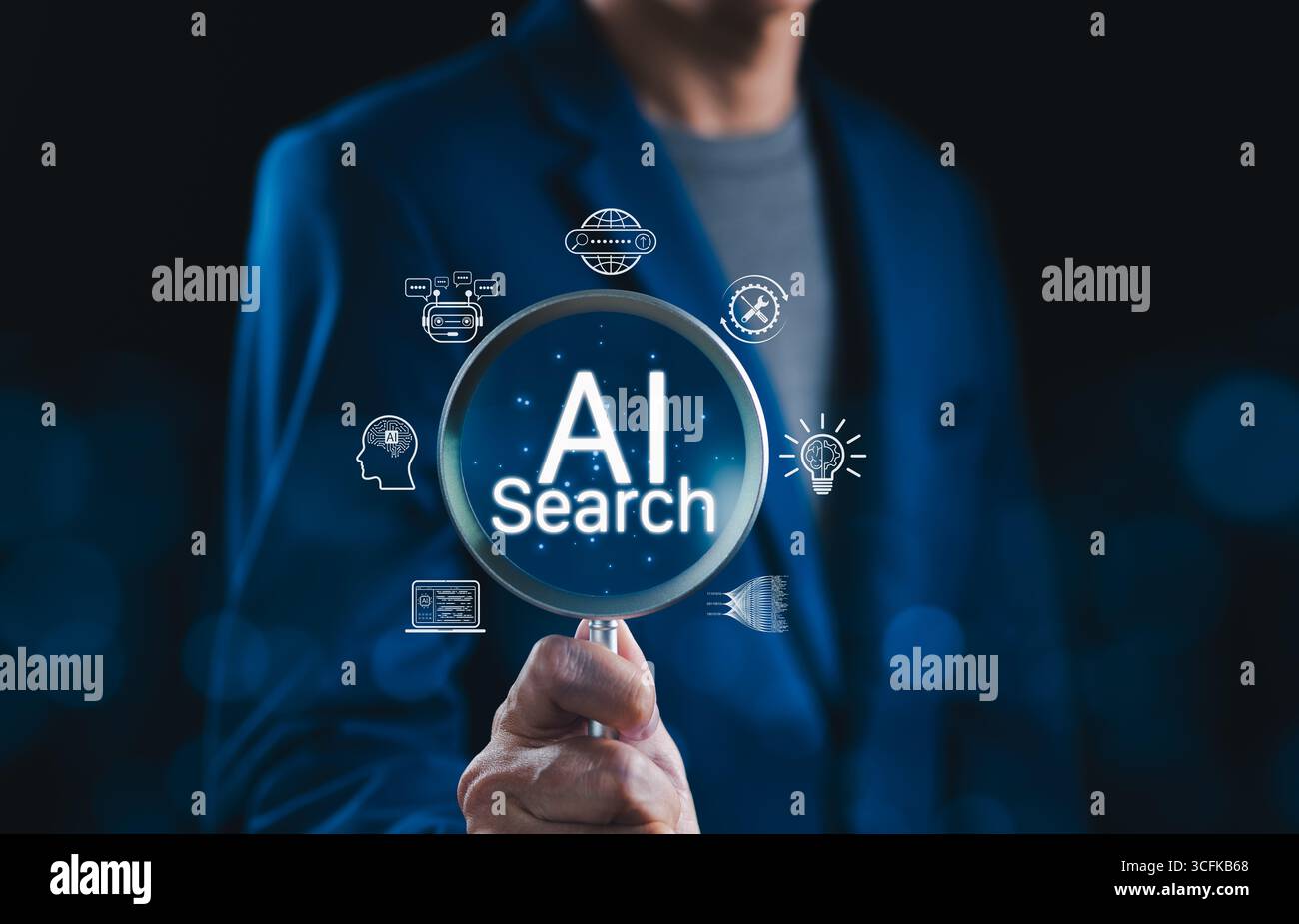 AI Search Engine Technology and Innovation Concept. Businessman holding magnifying glass with AI search text, icons of artificial intelligence, chatbo Stock Photo
