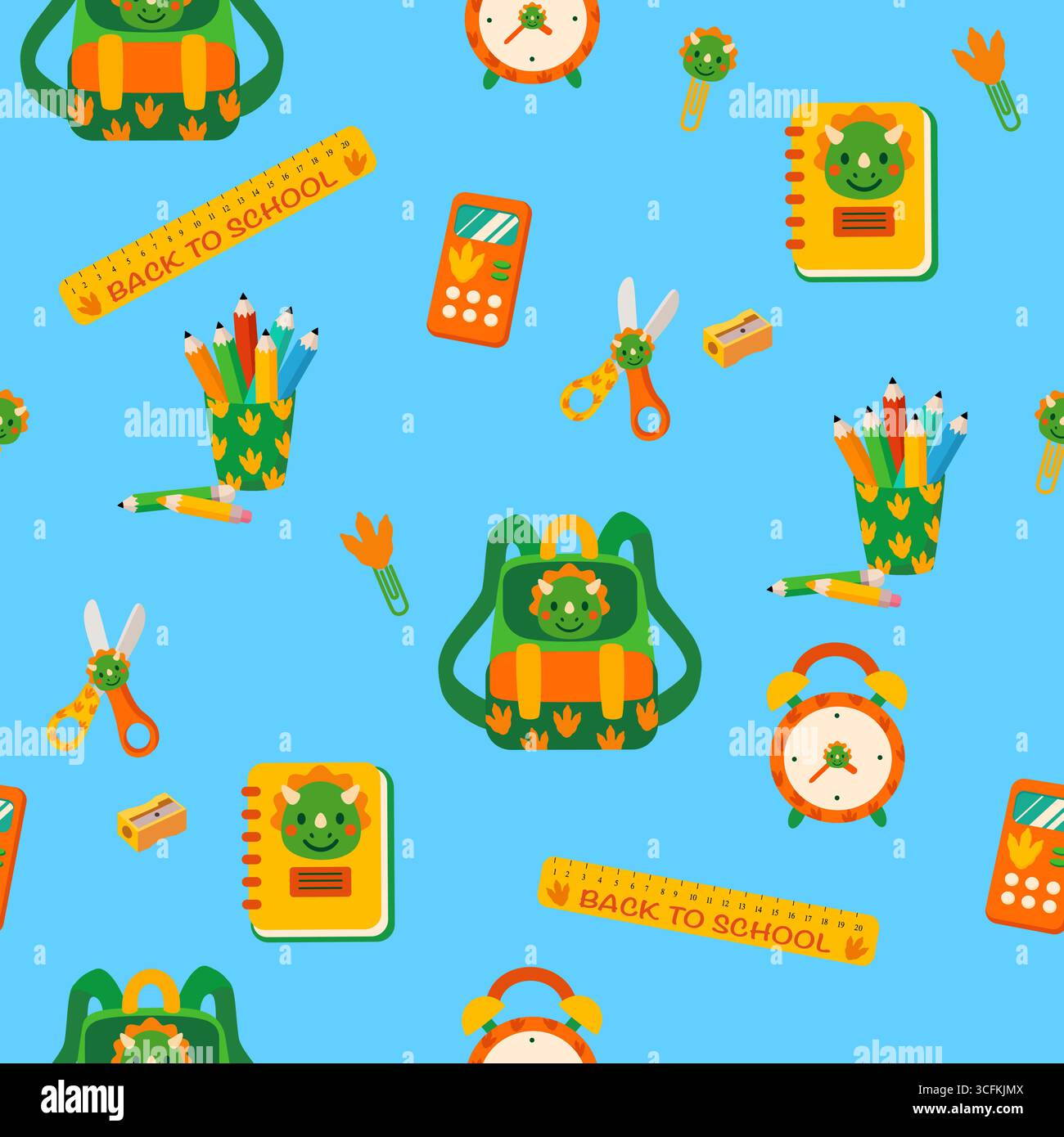 Cute dinosaur school supplies seamless pattern Stock Vector