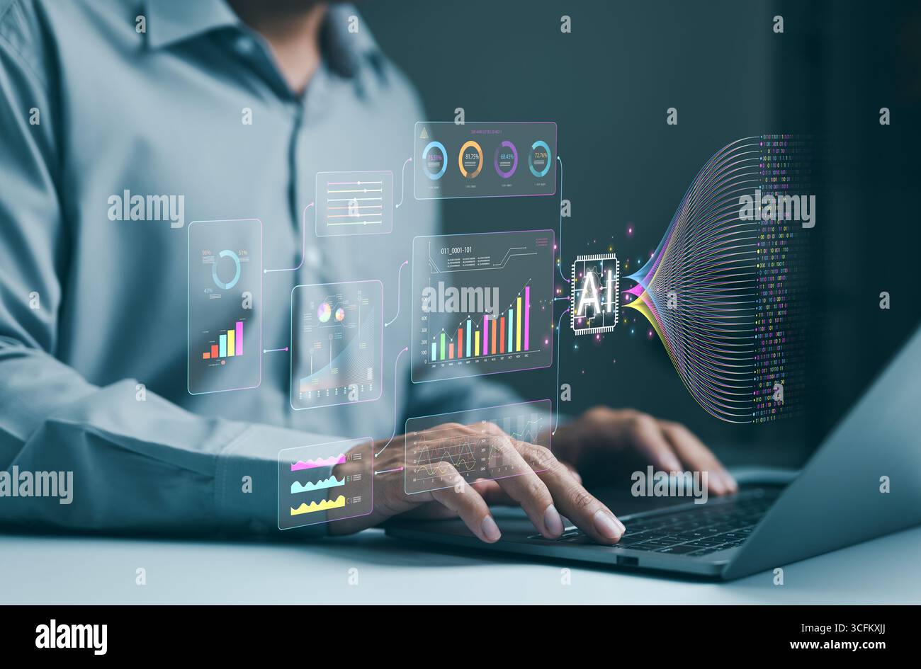 AI artificial intelligence technology to help manage analysis big data and insights complex information. analyst using AI working business analytics d Stock Photo