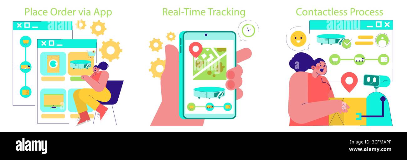 Vector illustration of contactless delivery process via app, showcasing ...