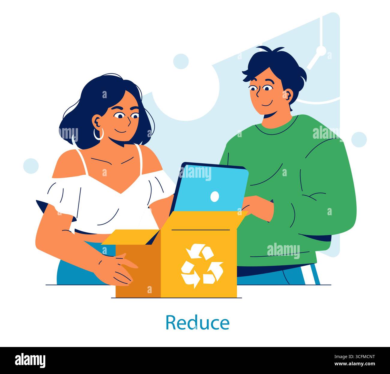 Vector illustration depicting two people engaged in recycling ...