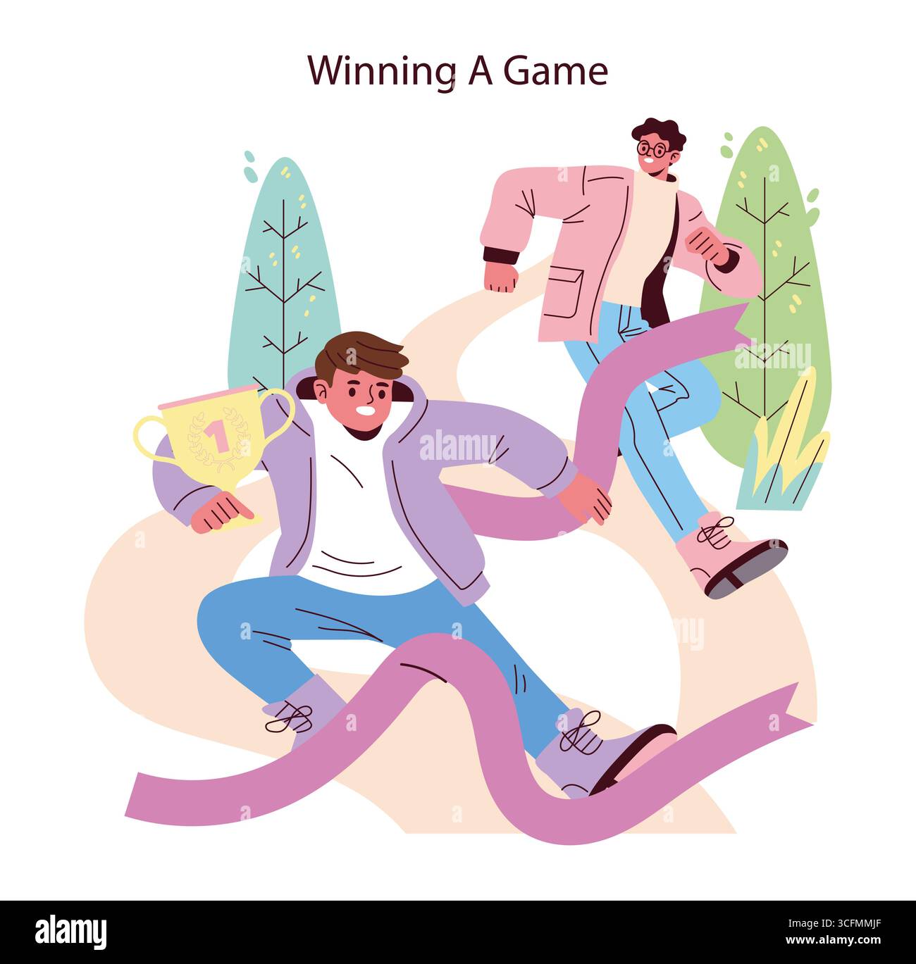 Two animated characters cross a finish line, with one holding a trophy ...