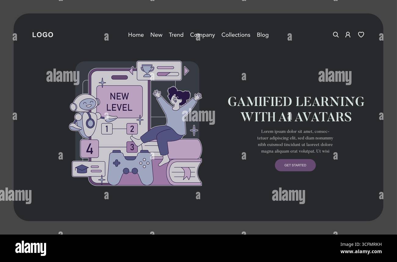 Vector illustration showcasing gamified learning using AI avatars. A person celebrates a new level achievement alongside a friendly robot, highlighting interactive e-learning elements. Stock Vector