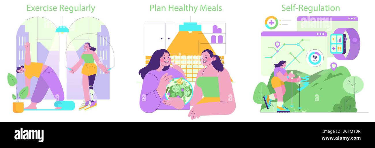 Vector illustration set showcasing three key elements of a healthy ...