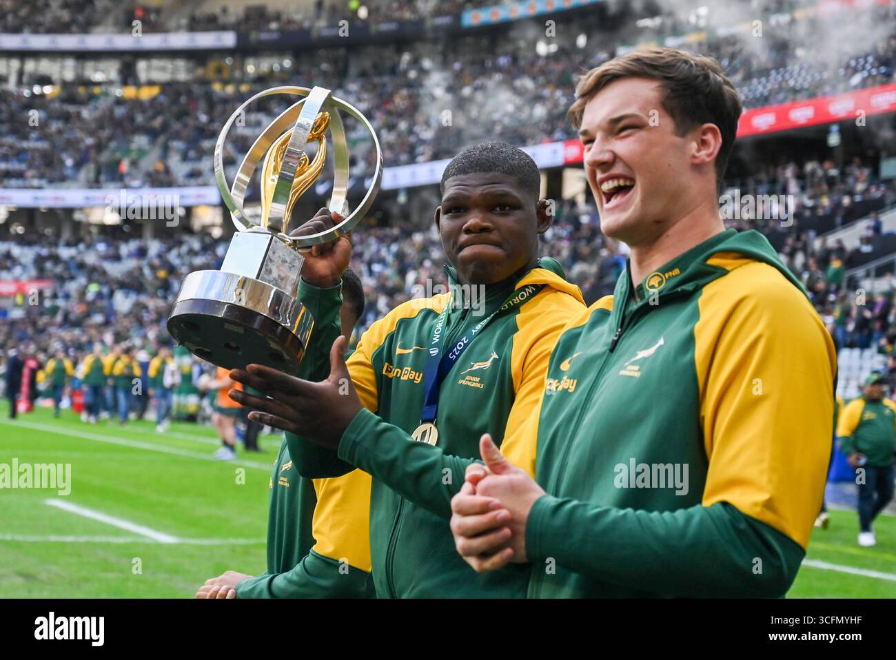 Bathobele Hlekani and Riley Norton with the U20 RWC trophy during The ...