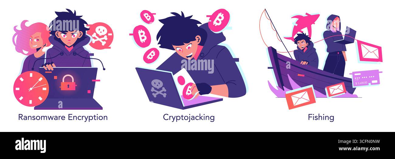 Vector illustration depicting cybersecurity threats including ...