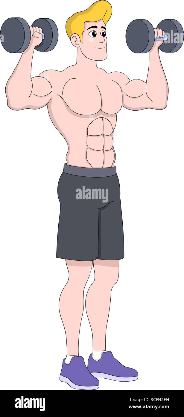 Vector illustration of a muscular man holding dumbbells at shoulder ...