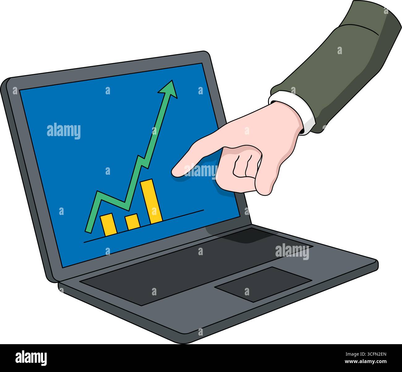 Upwards Screen Vector illustration of a business hand pointing at a laptop screen ...